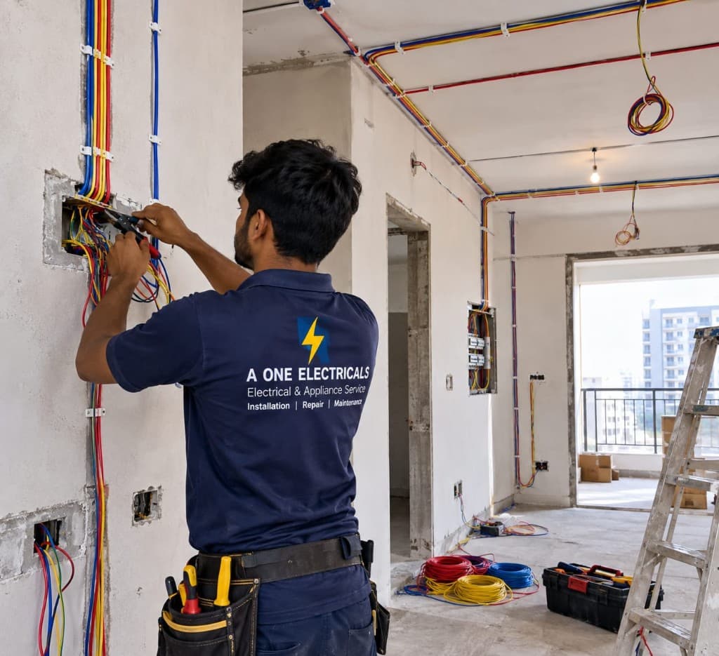 A One Electricals technician wiring conduit and a distribution board in an unfinished Bengaluru flat