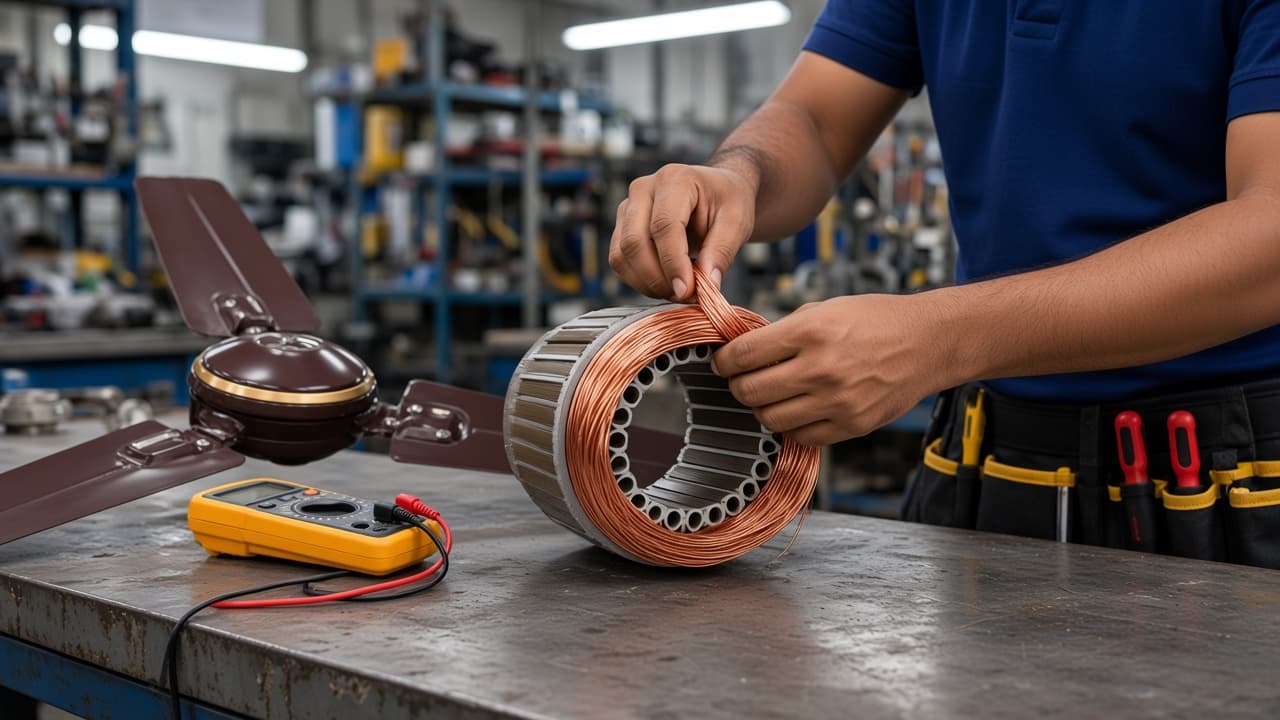 Ceiling fan motor being repaired with copper wire at the shop