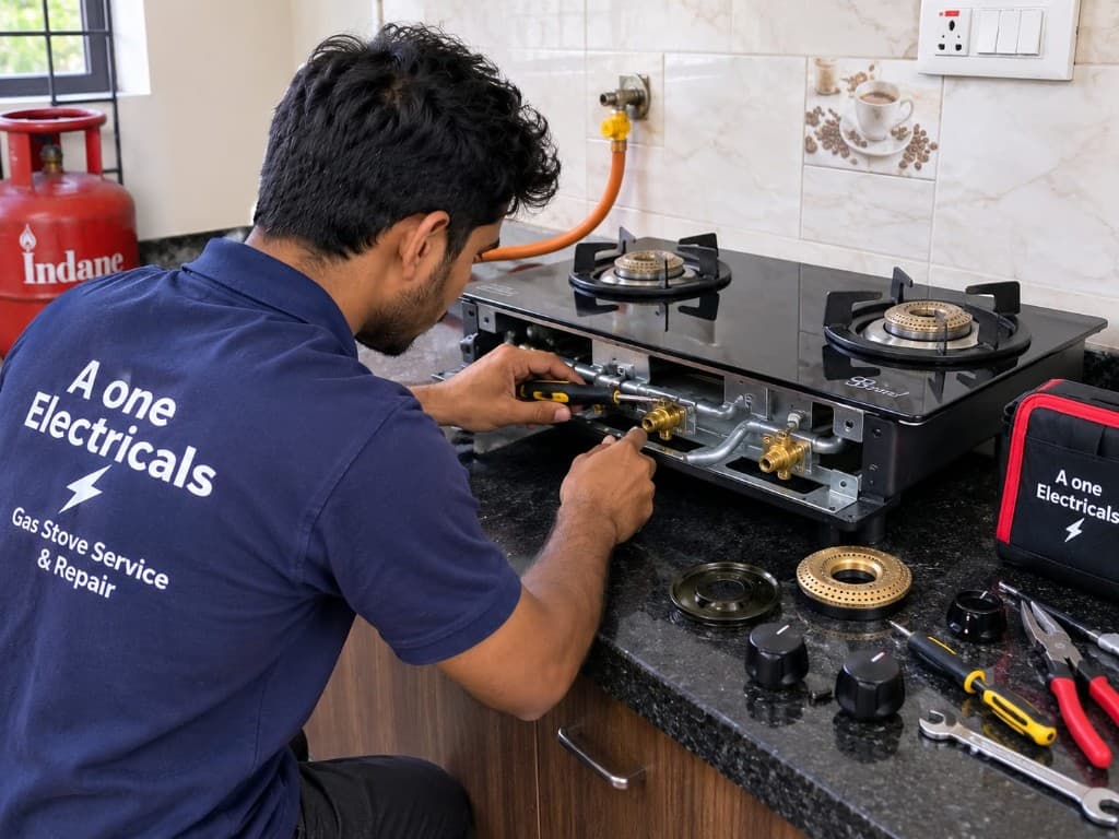 A One Electricals technician servicing an opened glass gas stove on a kitchen counter