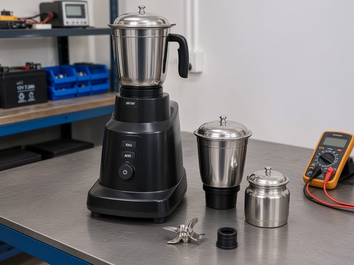 Mixer grinder with jars, a blade, and a coupler on the workshop bench beside a multimeter