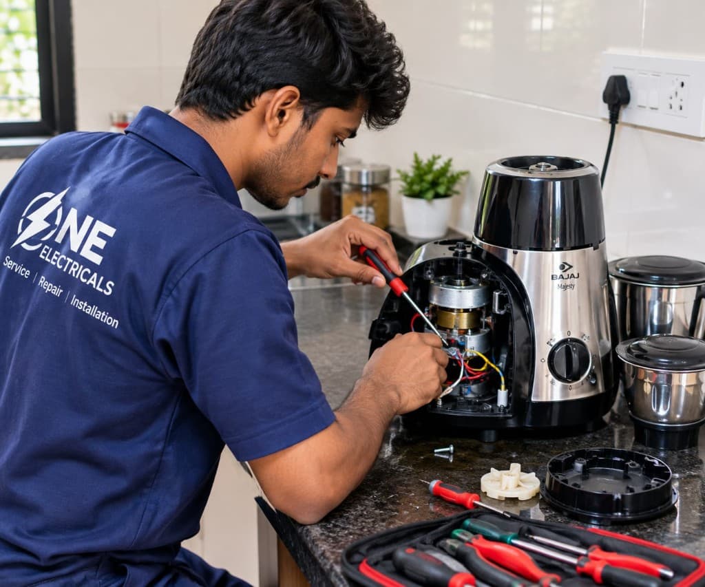 A One Electricals technician repairing an opened mixer grinder on a kitchen counter