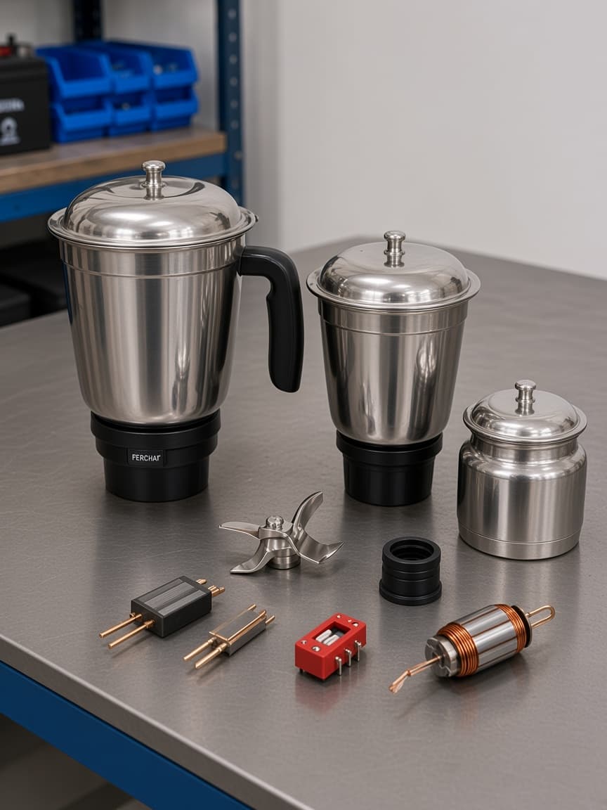 Mixer jars, blades, couplings, and spare parts laid out on a steel table