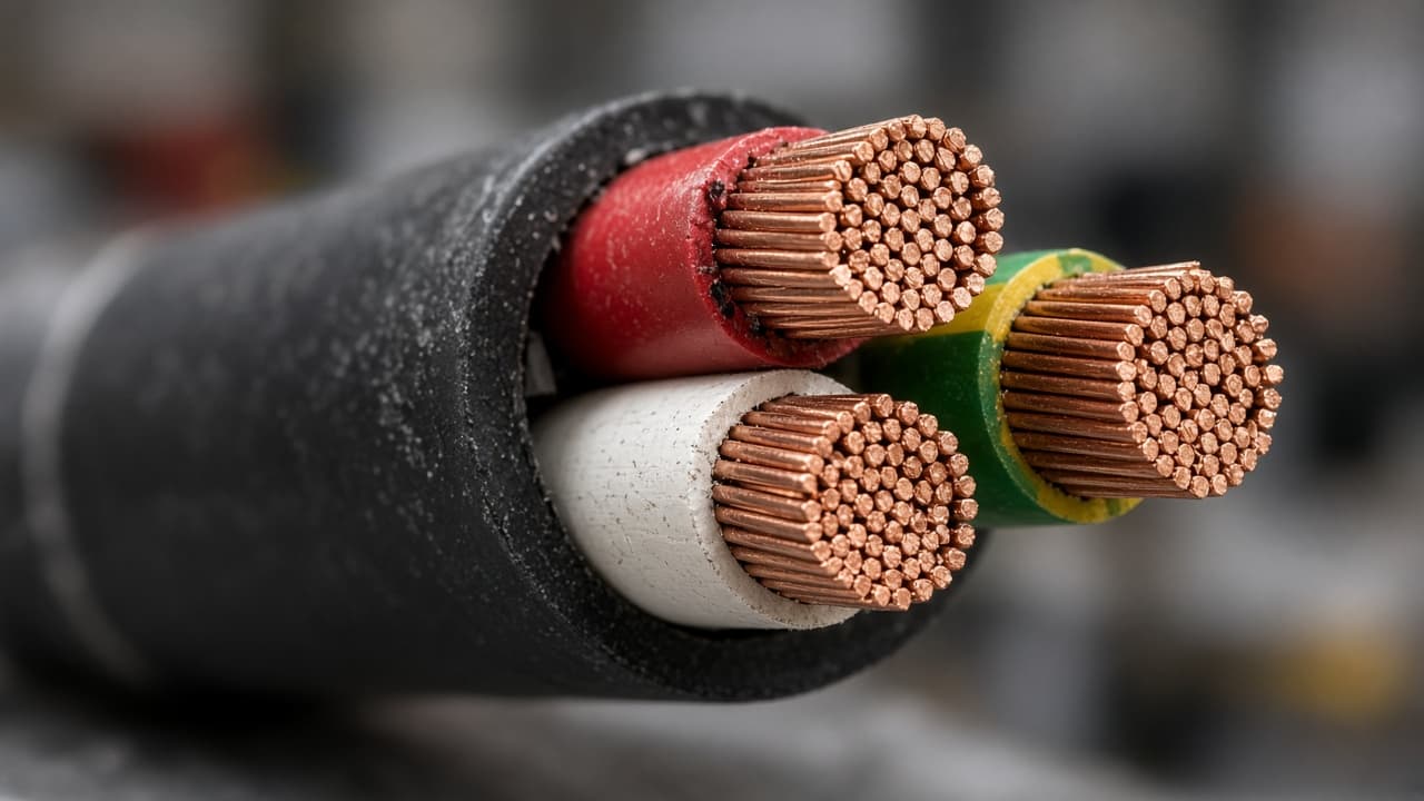 Cut three-core cable showing live, neutral, and earth conductors
