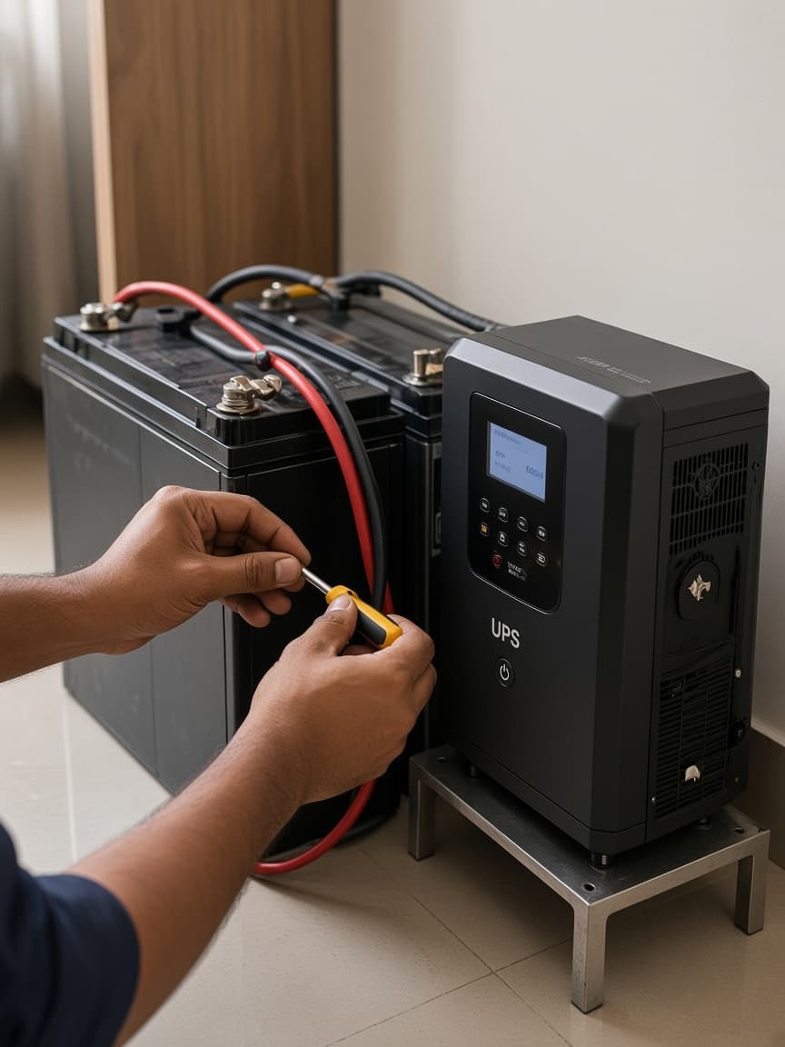 Home inverter and tubular batteries in a Bengaluru apartment utility corner