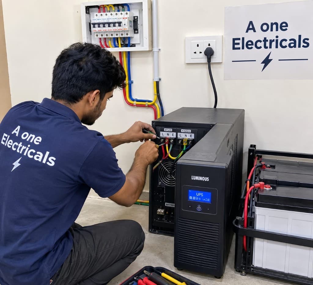 A One Electricals technician wiring a home UPS beside the distribution board and batteries