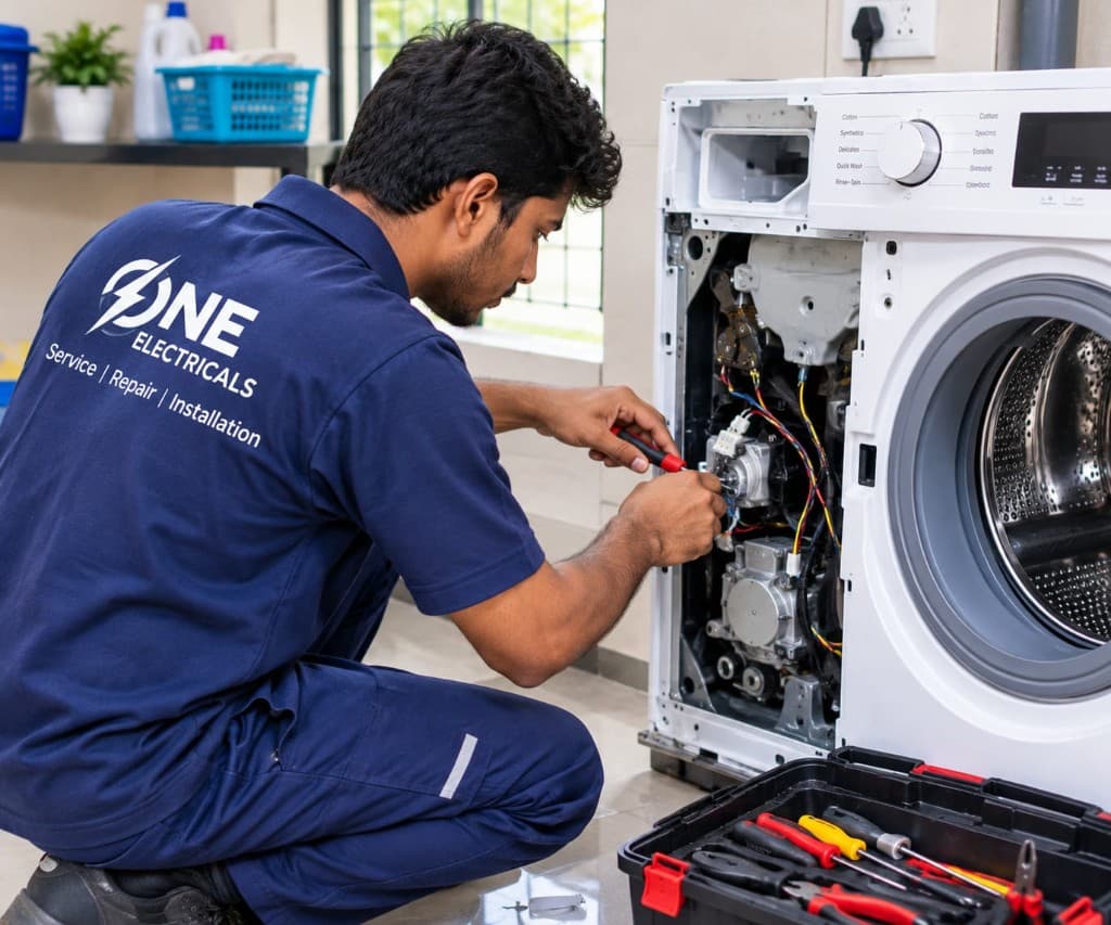 A One Electricals technician repairing an opened front-load washing machine