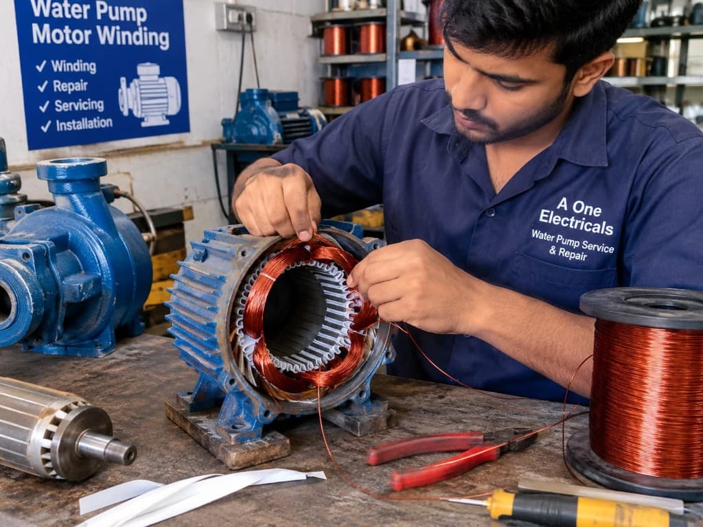A One Electricals technician repairing a water pump motor at the shop