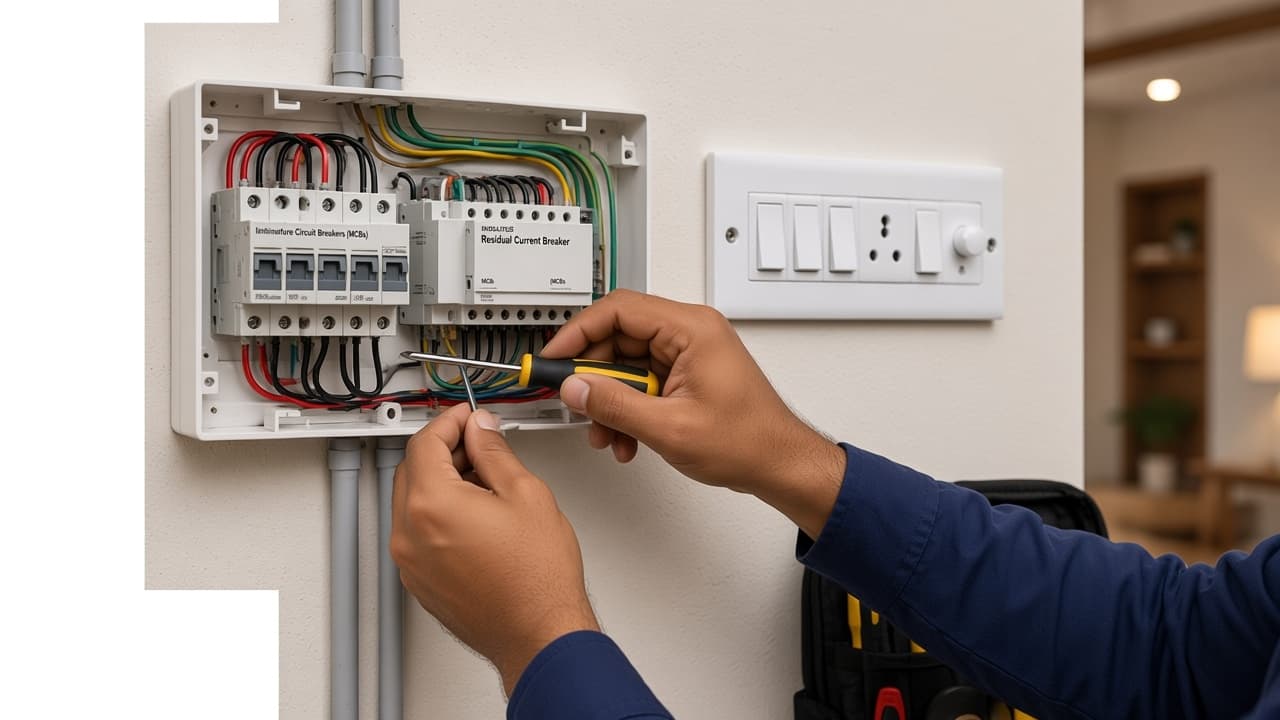 Open distribution board with live, neutral, and earth wiring in a Bengaluru flat